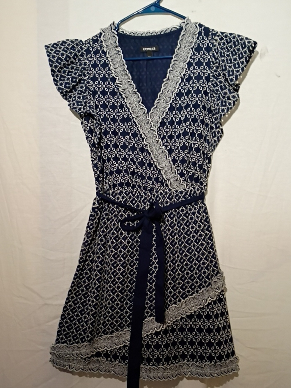 Express Navy Cotton Wrap Midi Dress with White Lace Trim, Sz 4, NWOT